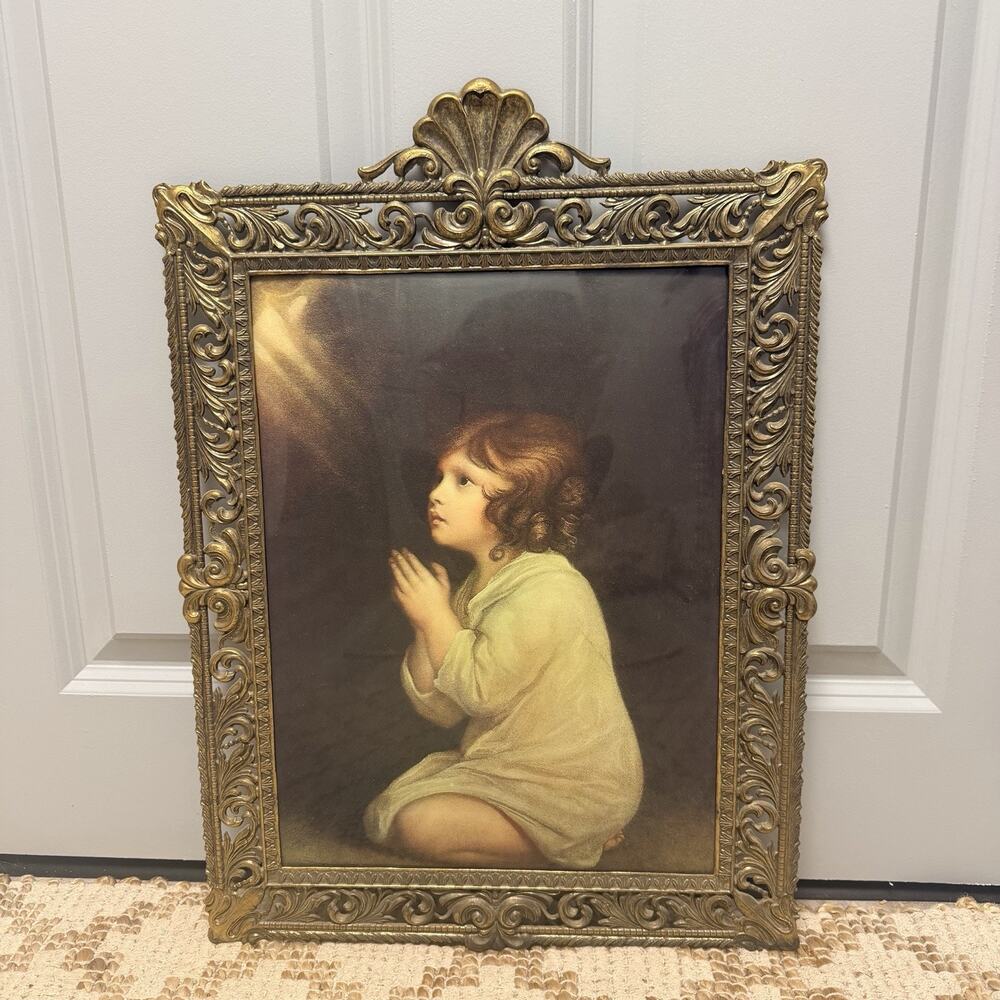 Vintage Ornate Italian Brass Frame BubbleGlass Girl Praying Mid Century
